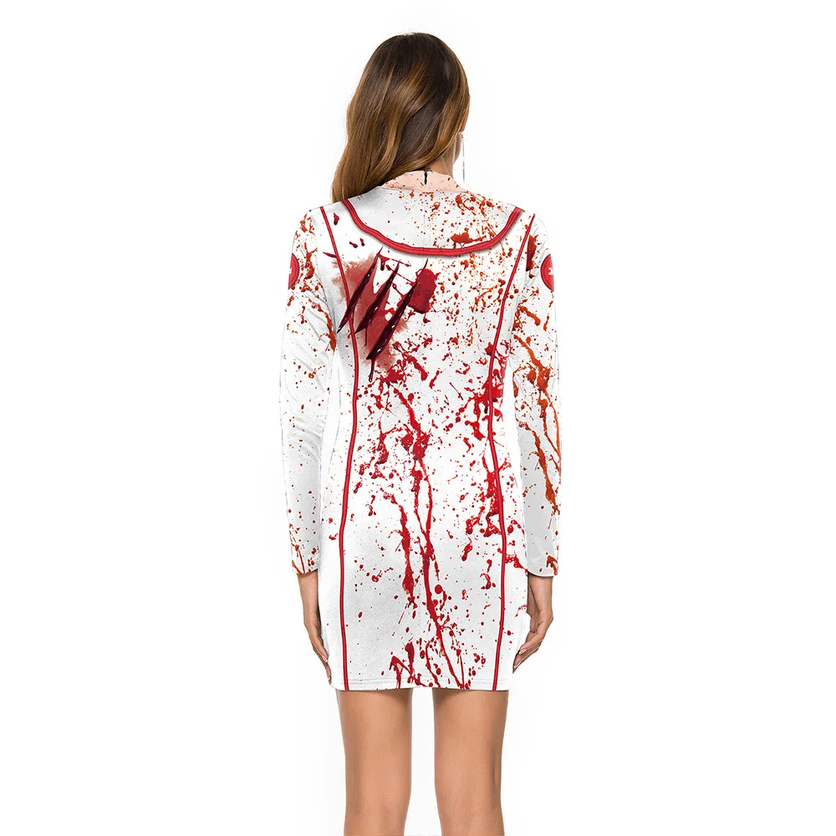 A woman viewed from the back wearing a white long-sleeve mini dress with a red blood-splatter print and red trim, against a plain white background.