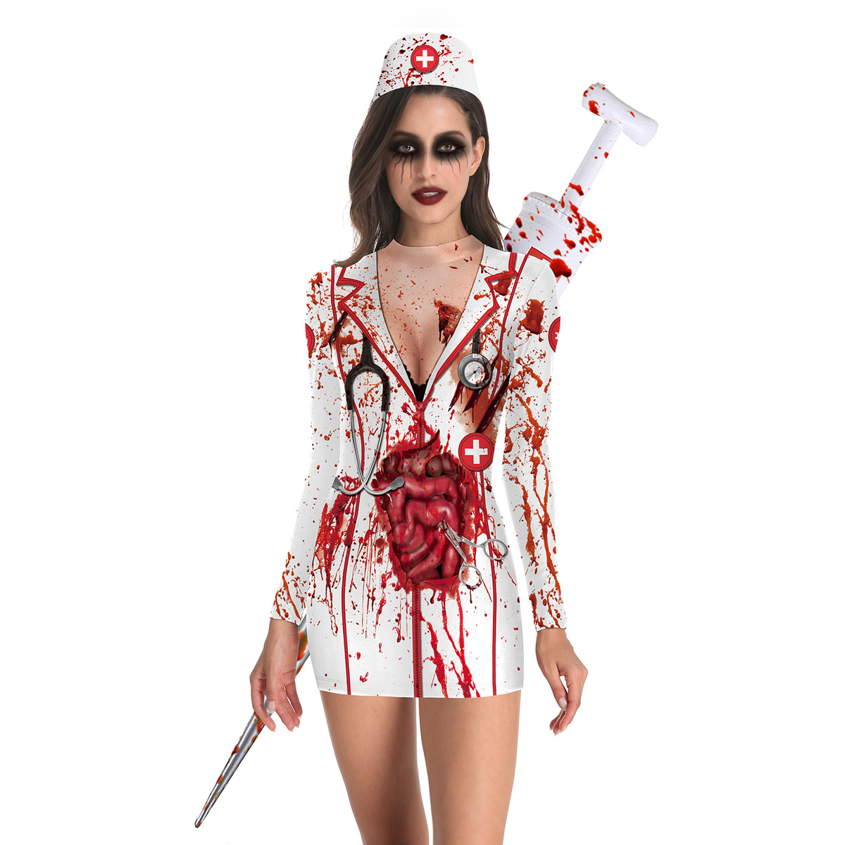 Front view of a Bloody Nurse Halloween costume mini dress.
Halloween costume with bloody medical theme on a white background